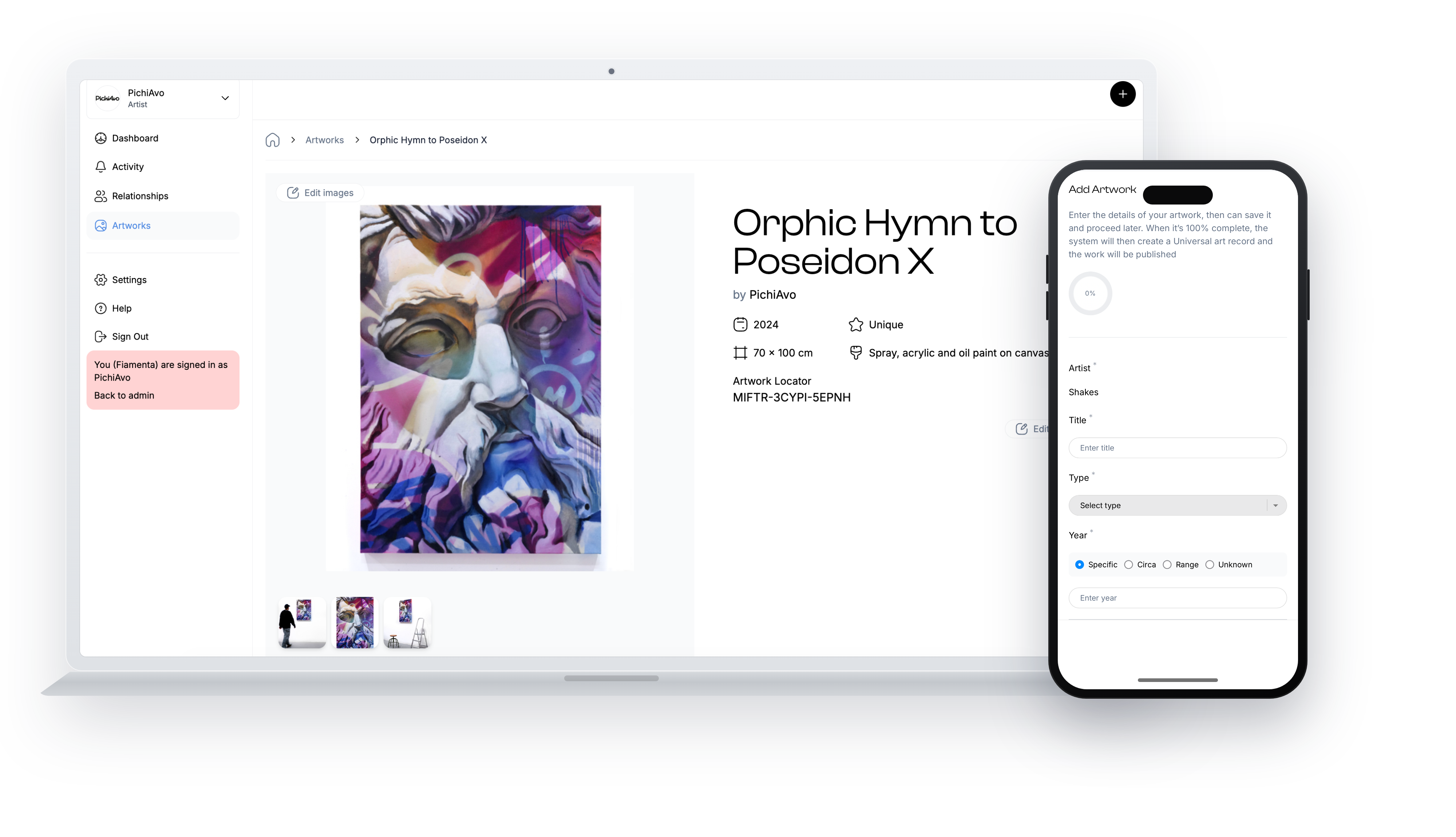 Laptop and phone mockup of the artwork record for "Orphic Hymn to Poseidon X", showing the work, its medium, dimensions and locator code beside the mobile edit form