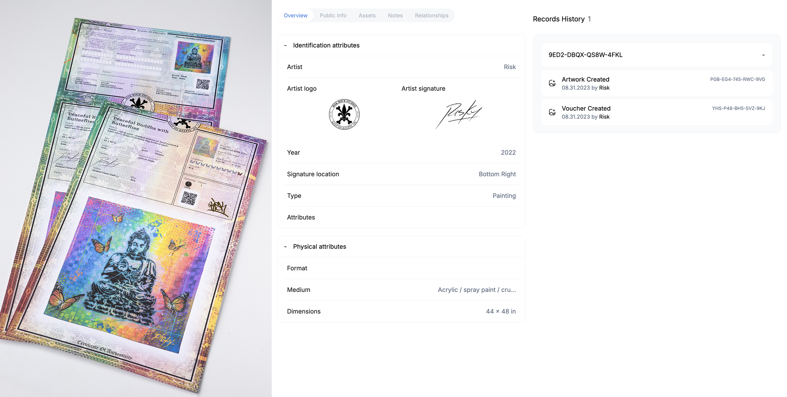 Printed holographic certificates with QR codes beside the artwork record showing the artist logo, signature, year, signature location and medium, with its records history
