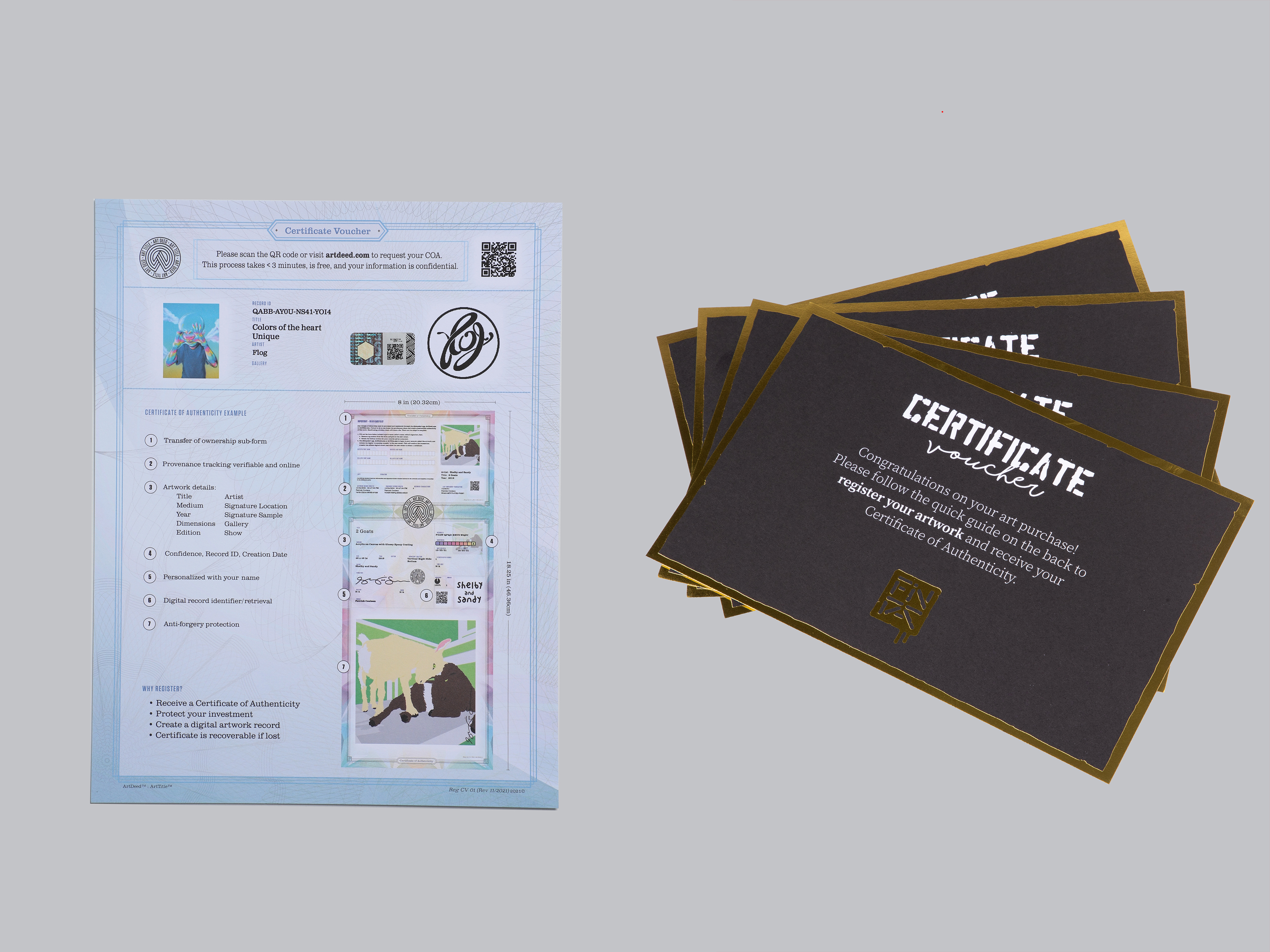 Printed certificate sheet with a QR code beside a fanned stack of dark premium certificate cards with metallic lettering