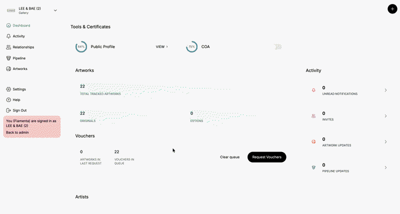 Animated tour of the dashboard: profile and certificate completion, total tracked artworks, vouchers in queue and an activity feed