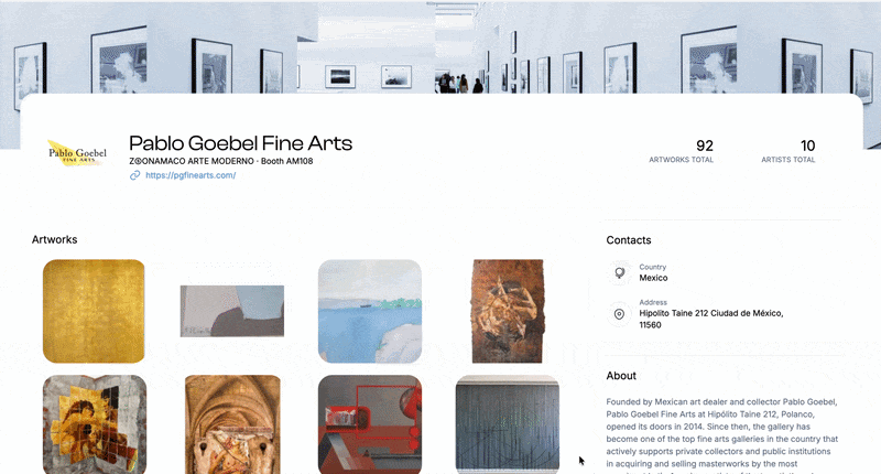Animated walkthrough of the Pablo Goebel Fine Arts gallery profile at ZONA MACO, scrolling from the fair booth header through the artwork grid to the contact details and gallery description