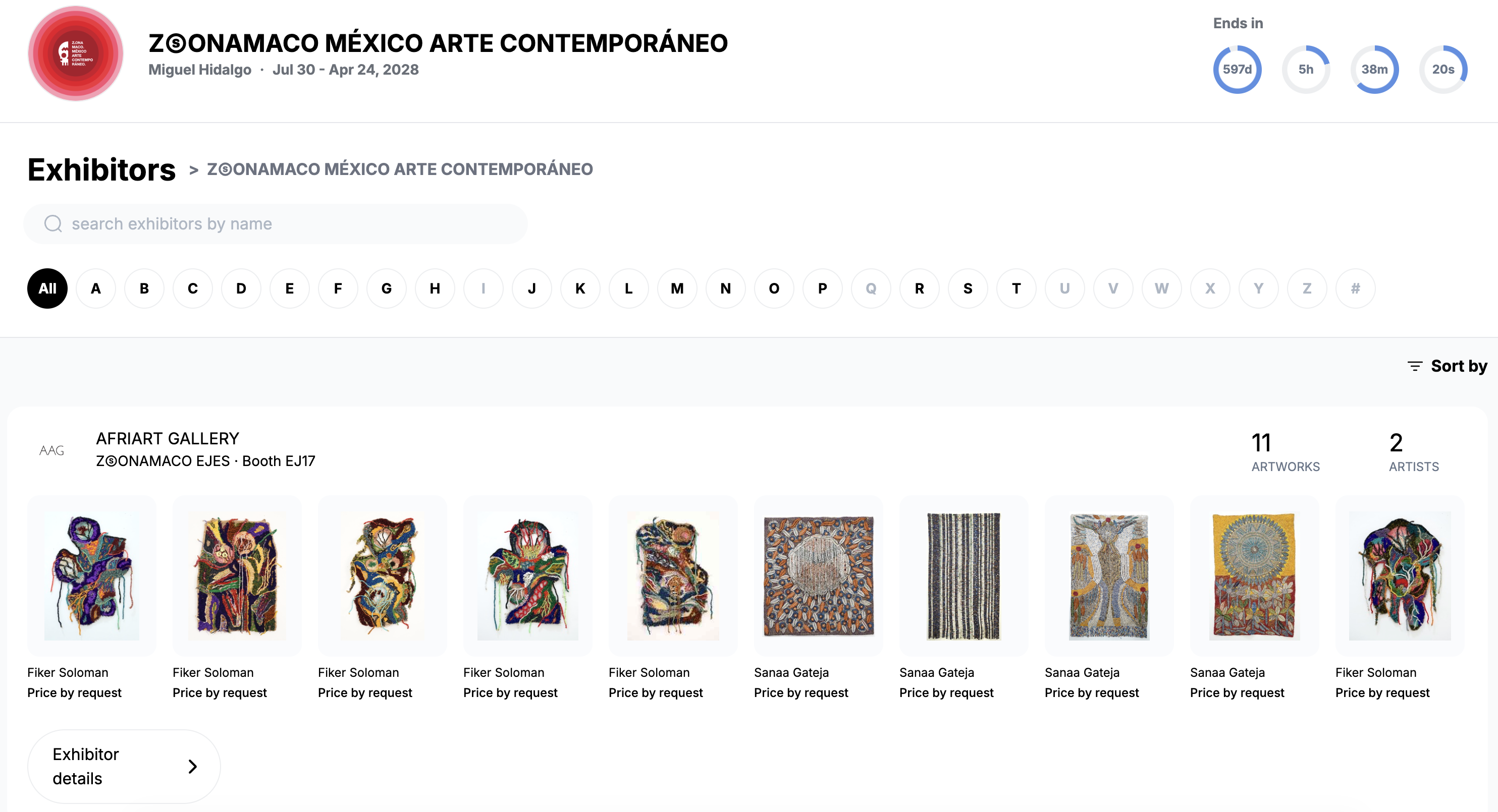 Exhibitor directory for the ZONAMACO fair: search and A–Z filters above a gallery booth card with its artwork thumbnails, artwork count and artist count