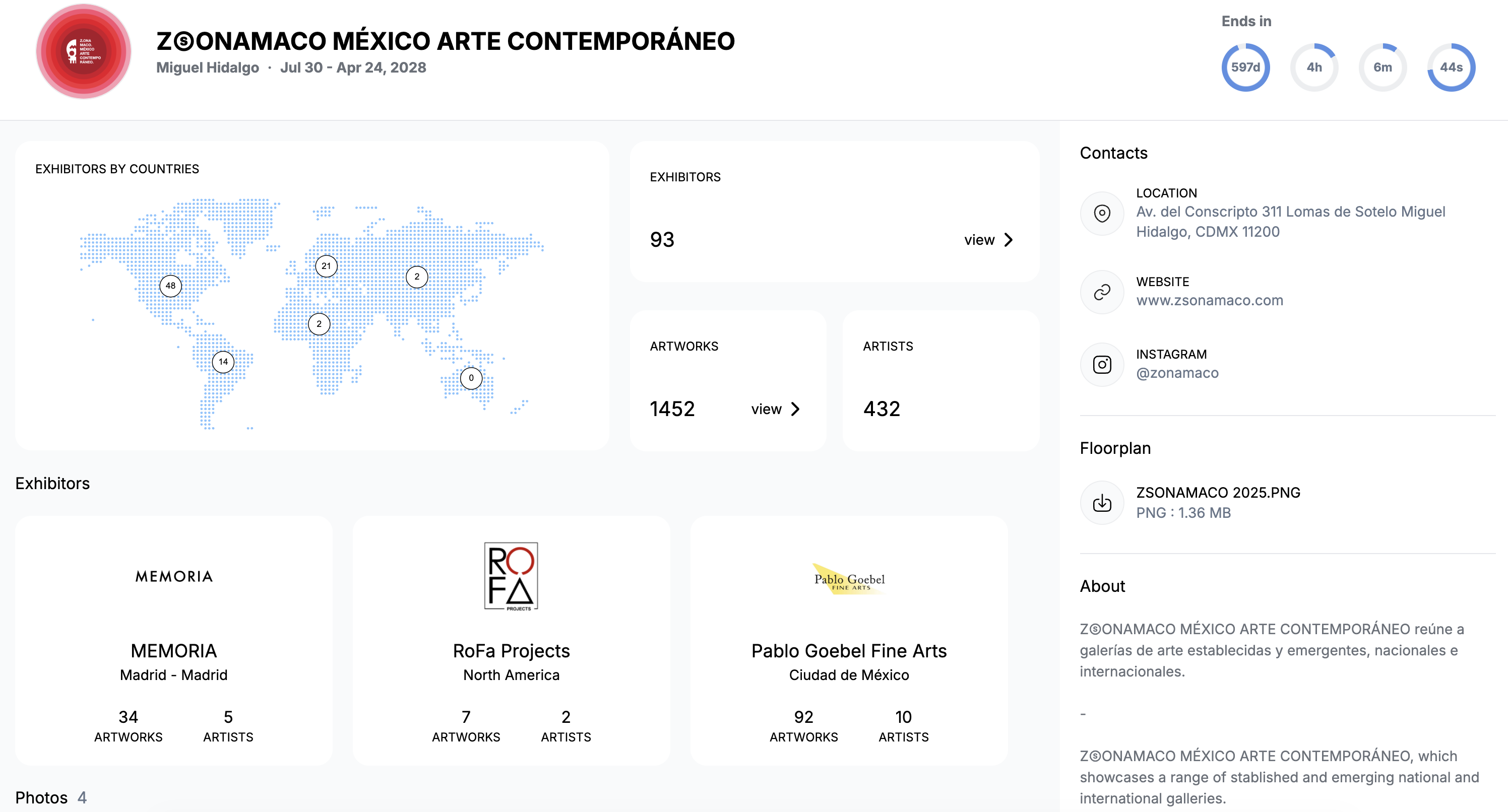 Fair overview page for ZONAMACO: countdown to opening, exhibitors-by-country map, totals for exhibitors, artworks and artists, exhibitor cards, contacts and floorplan