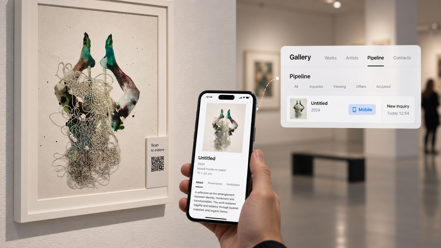 Gallery wall with a framed mixed-media work and a "Scan to explore" QR label; a visitor holds a phone showing the artwork record, with the gallery pipeline logging a new inquiry