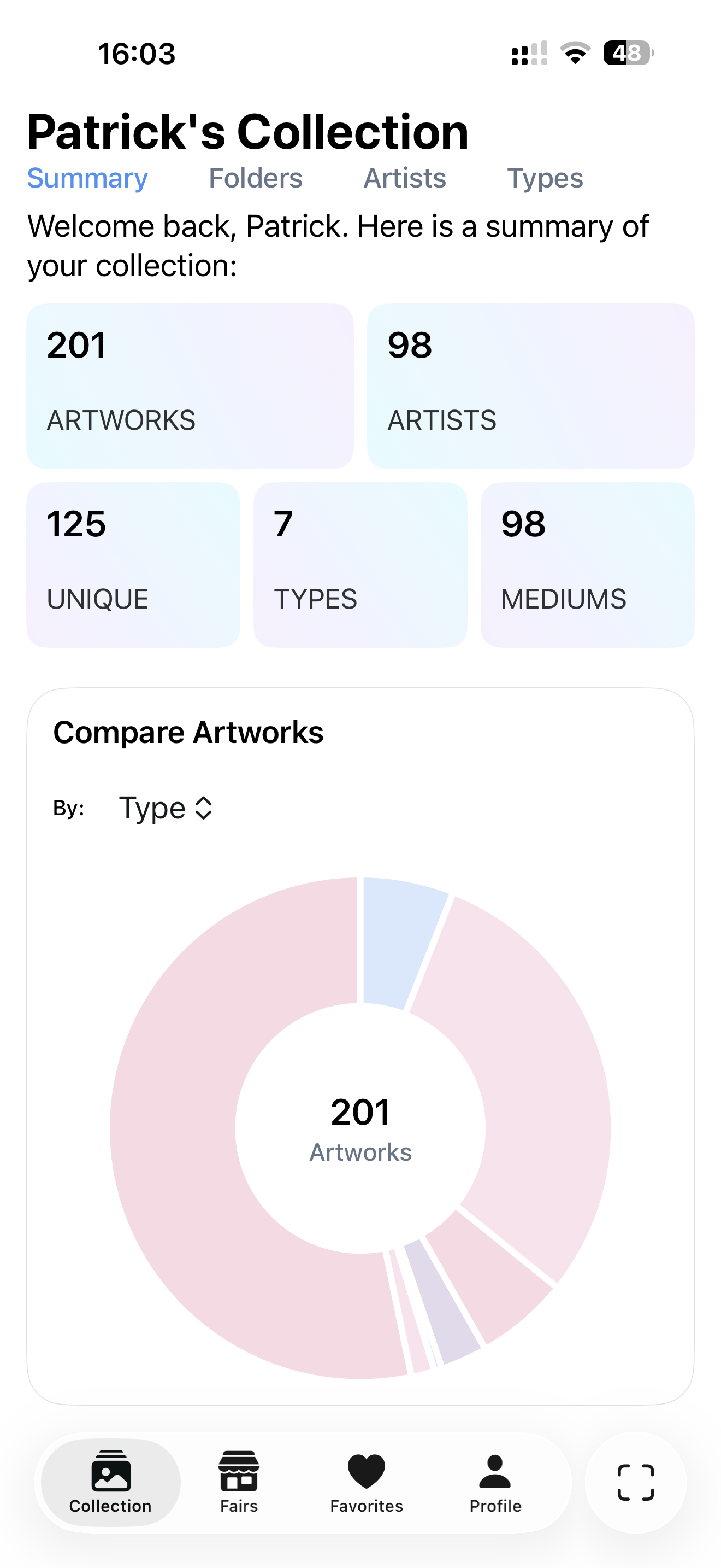 Phone screen showing a collector's collection summary: counts of artworks, artists, unique works, types and mediums, and a donut chart comparing artworks by type