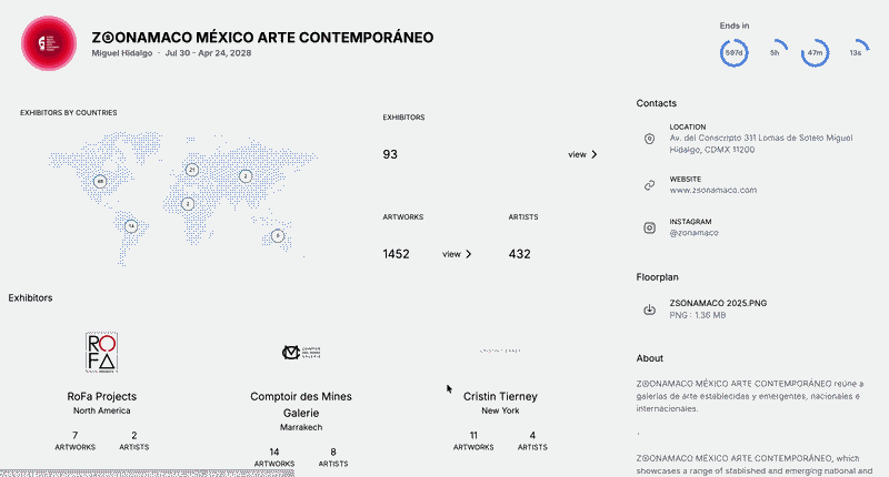 Animated tour of the ZONAMACO México Arte Contemporáneo fair page: countdown, exhibitors-by-country map, exhibitor, artwork and artist counts, exhibitor cards, contacts and floorplan