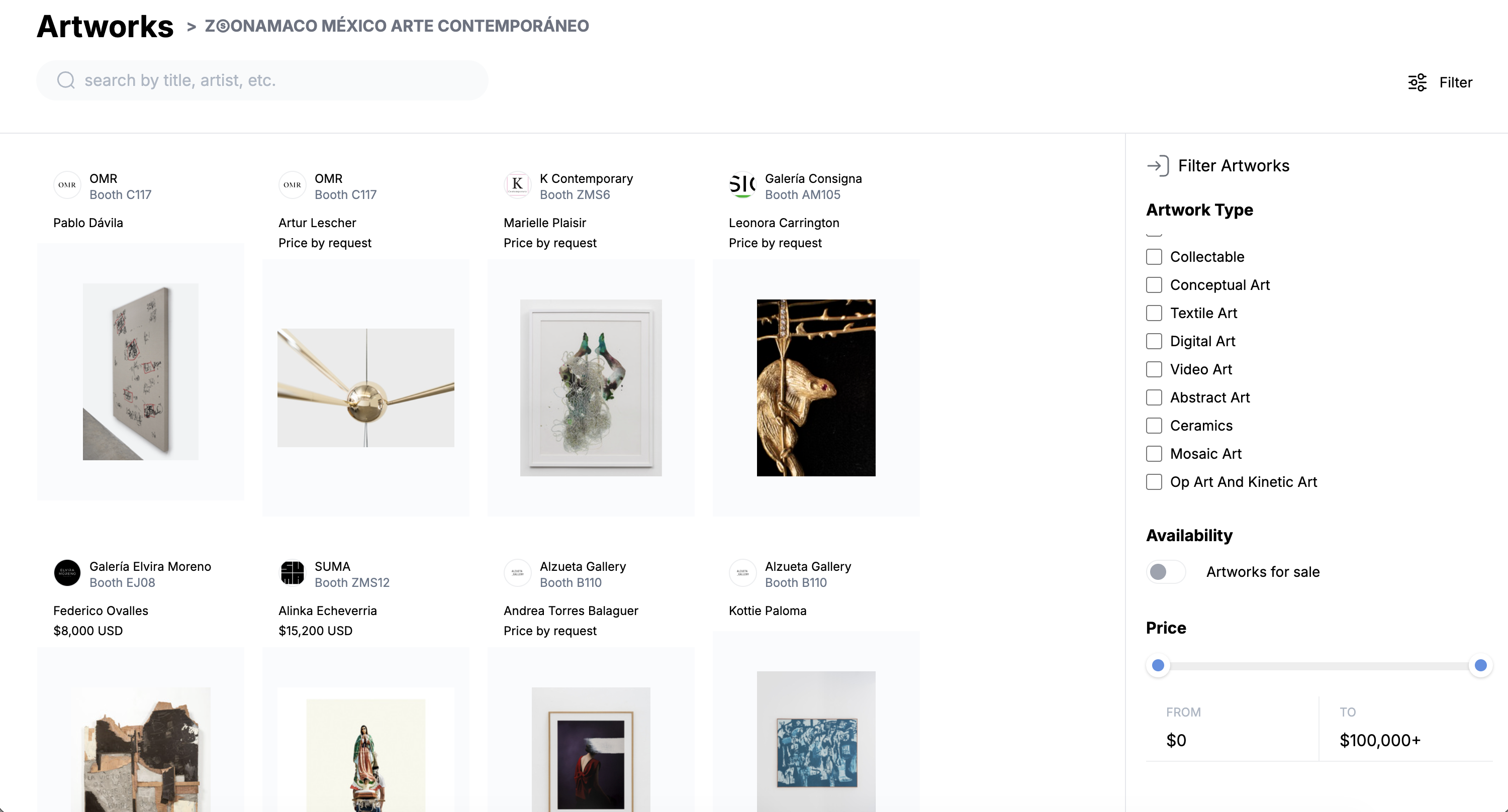 Artworks browse view for the ZONAMACO fair: search and artwork cards labelled with gallery, booth, artist and price, beside filters for type, availability and price range