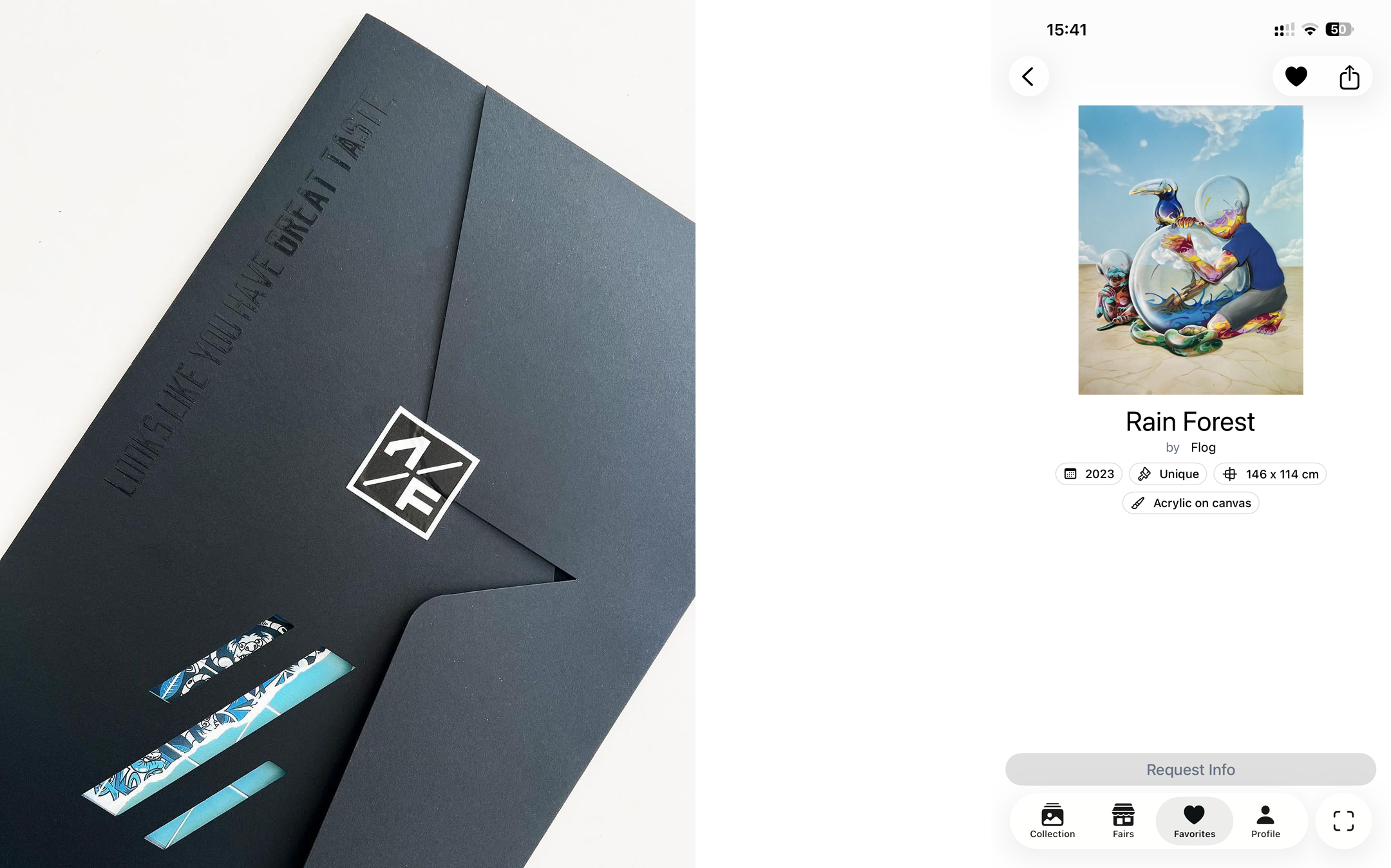 Black presentation envelope embossed "Looks like you have great taste" beside the mobile artwork page for "Rain Forest" by Flog, showing year, edition, dimensions, medium and a request-info action