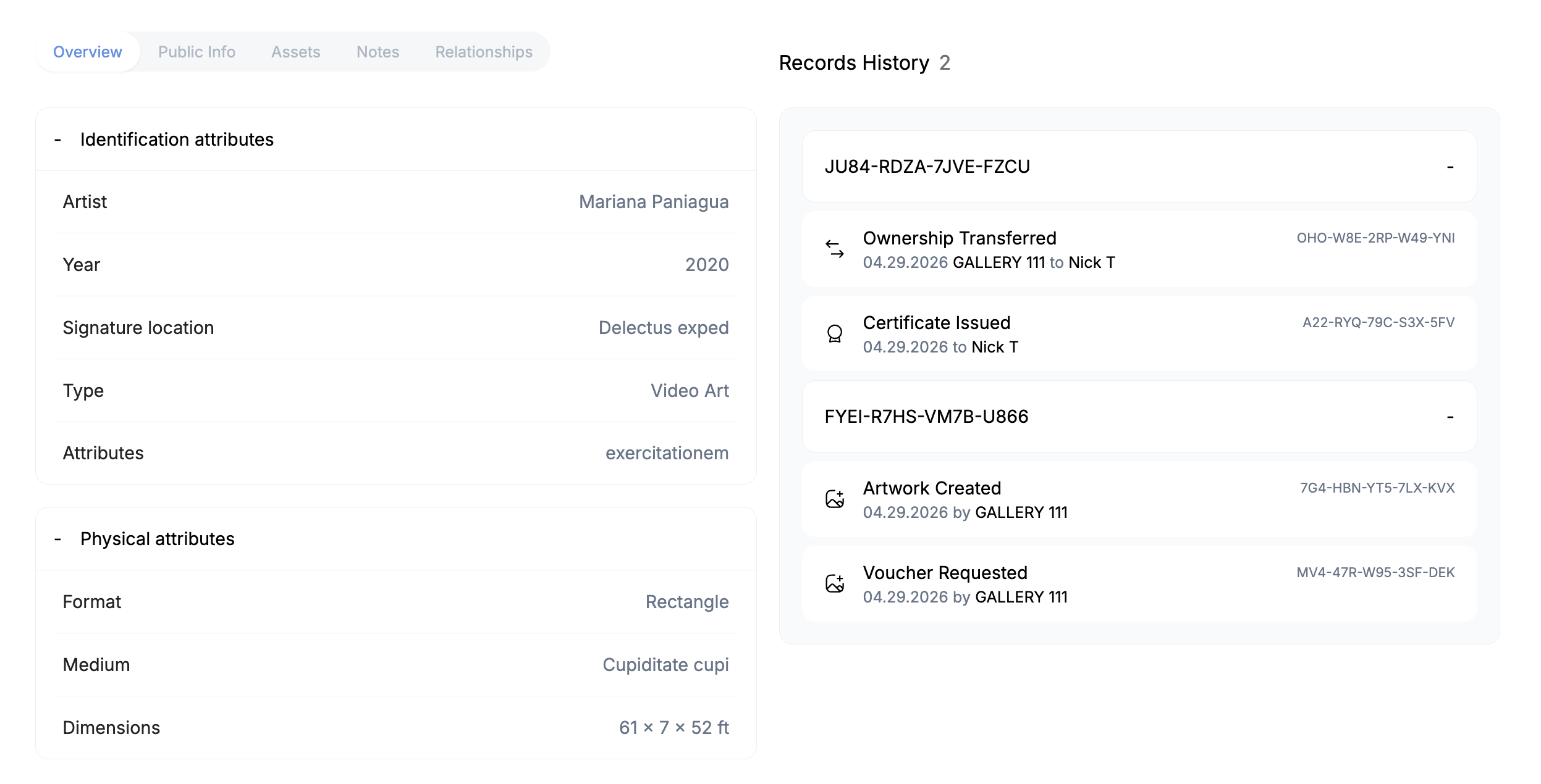 Overview tab of an artwork record listing identification and physical attributes beside a records history of ownership transfer, certificate issue, creation and voucher entries