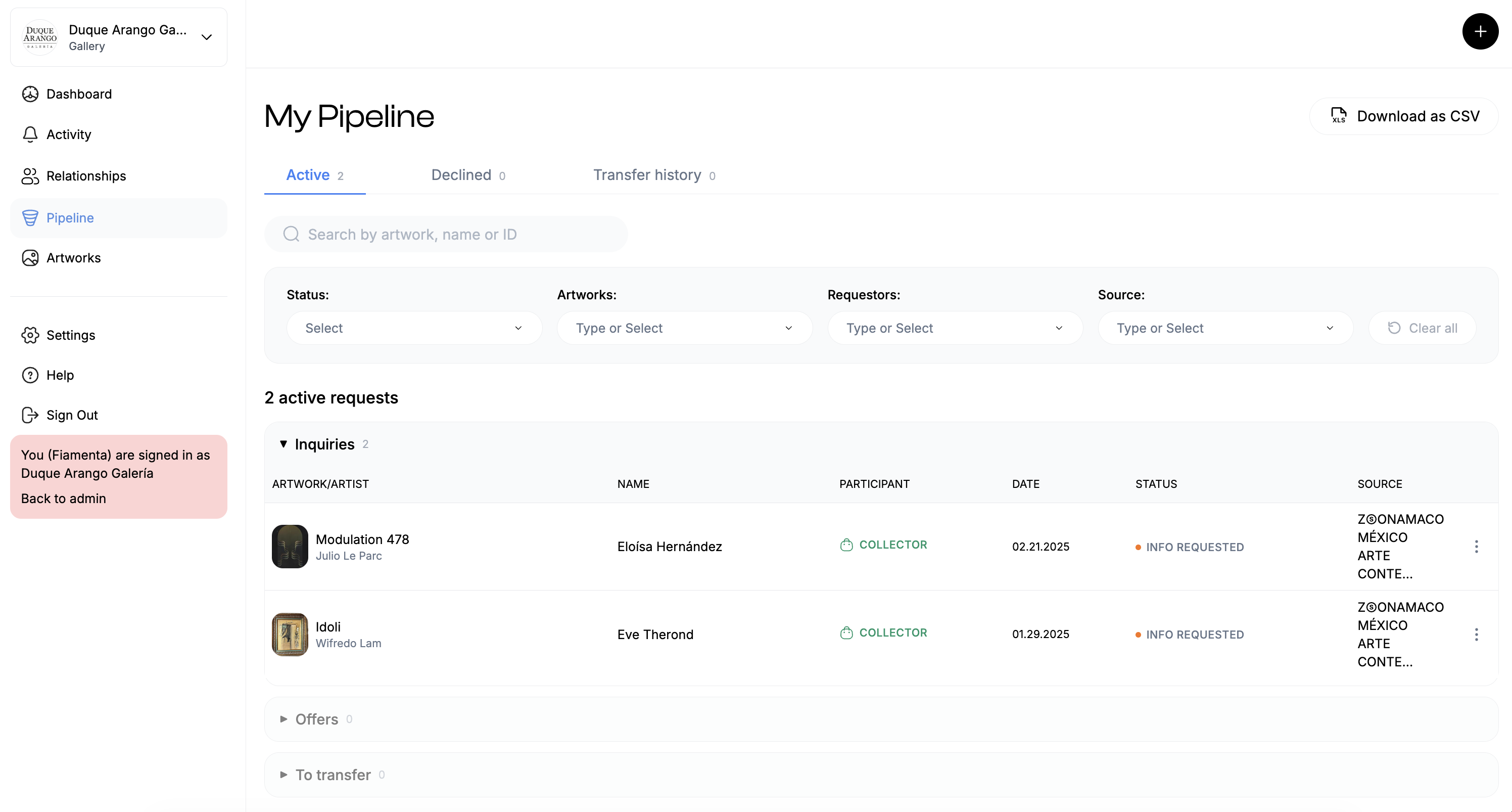 My Pipeline screen with the gallery sidebar, filters and two active inquiries from collectors, each sourced from the fair and marked info requested