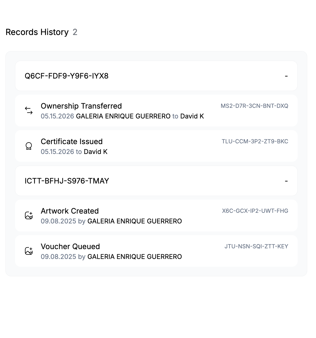 Records history of an artwork: ownership transferred from the gallery to a collector, certificate issued, artwork created and voucher queued, each with its reference code