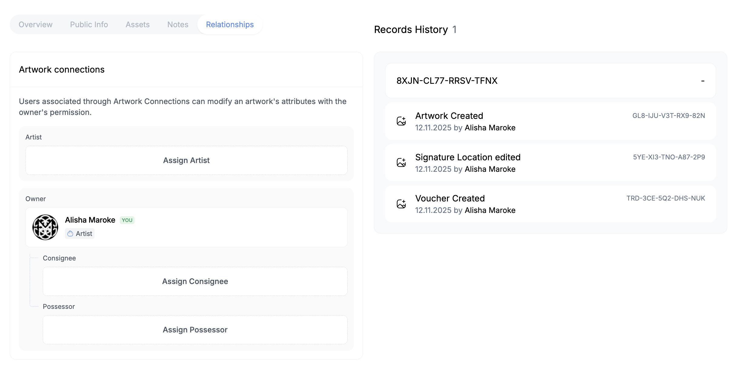 Relationships tab of an artwork record: artist, owner, consignee and possessor assignments beside a records history of creation, signature-location and voucher entries