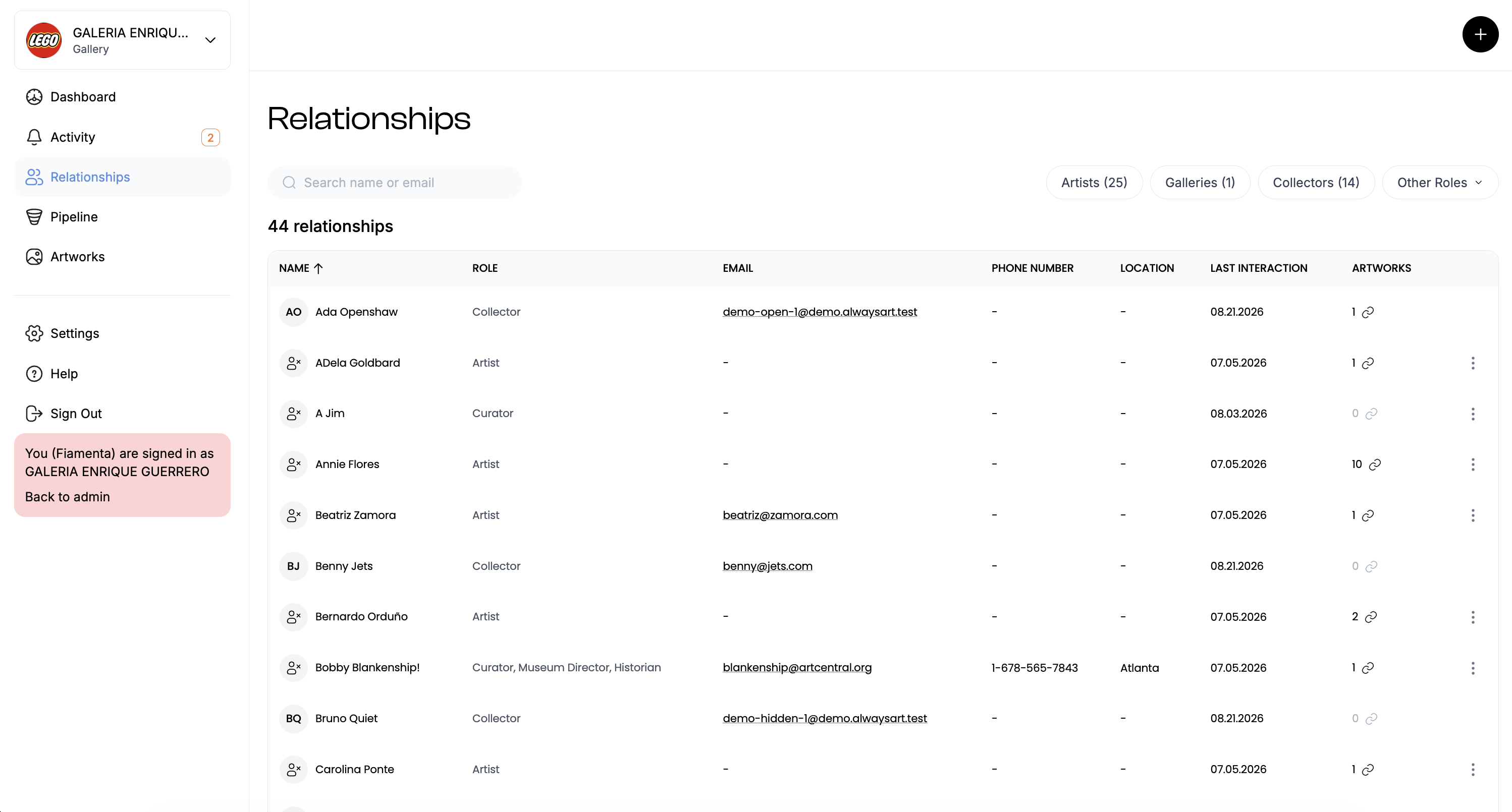 Relationships table listing contacts by name, role, email, phone, location, last interaction and artwork count, with filters for artists, galleries and collectors