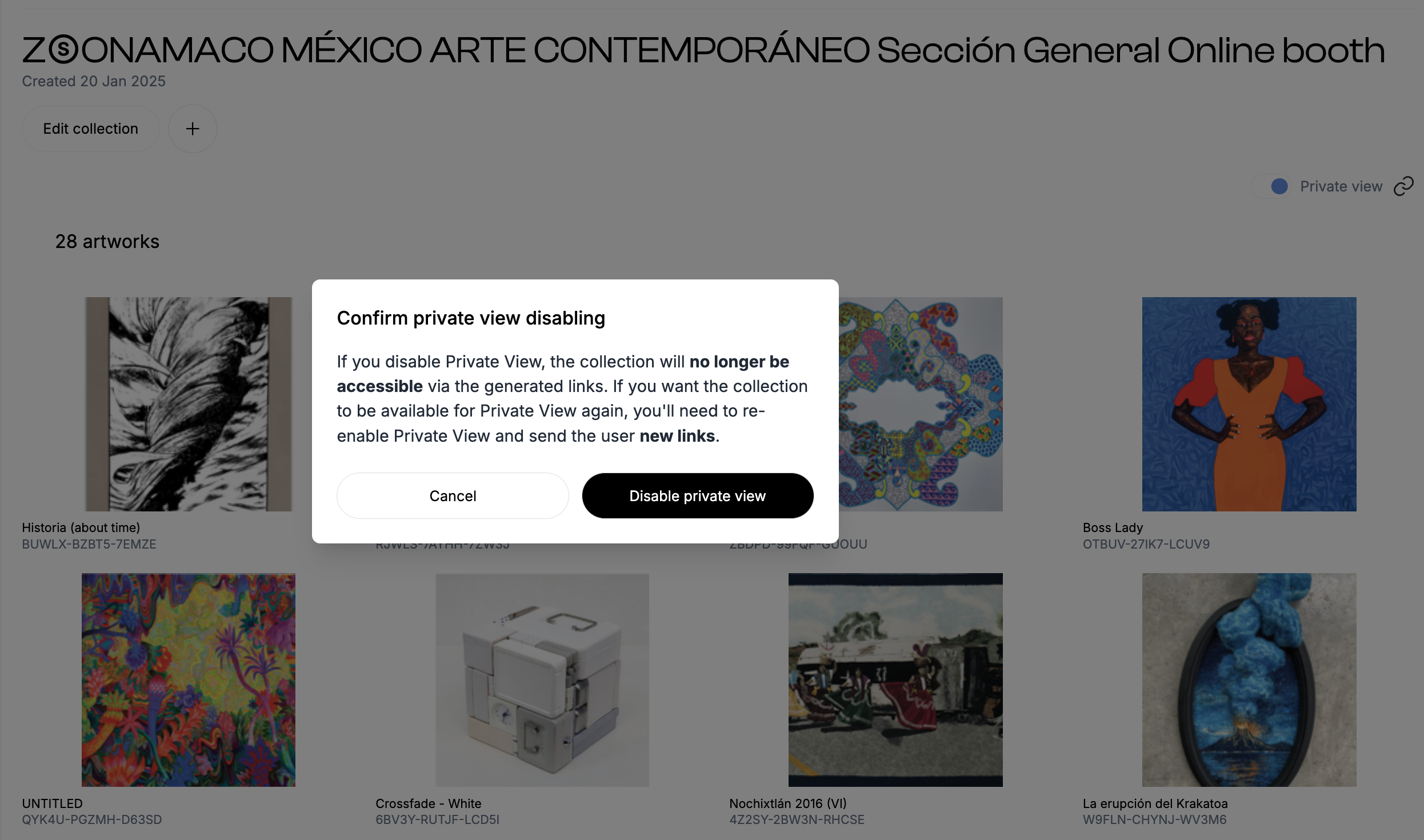 Collection view with a confirmation dialog warning that disabling private view will make the collection unreachable through the links already shared