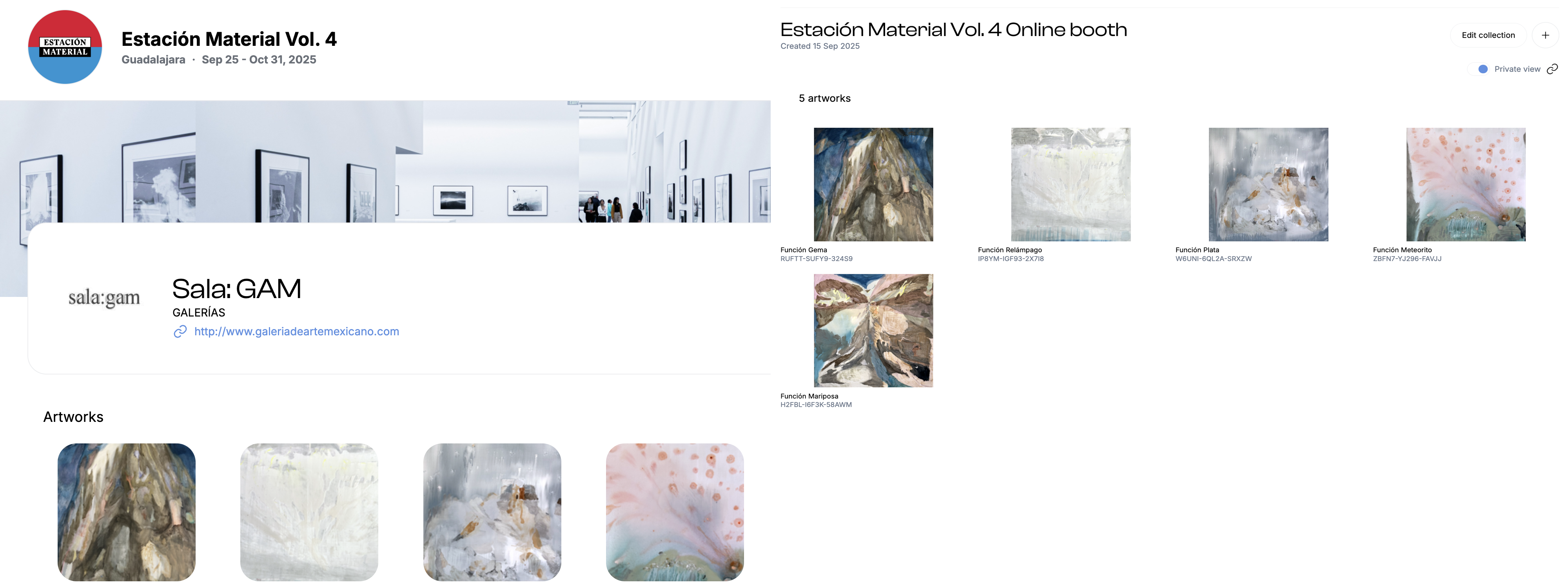 Fair pages for Estación Material Vol. 4 in Guadalajara: the Sala:GAM booth profile with its artwork grid beside the online booth listing
