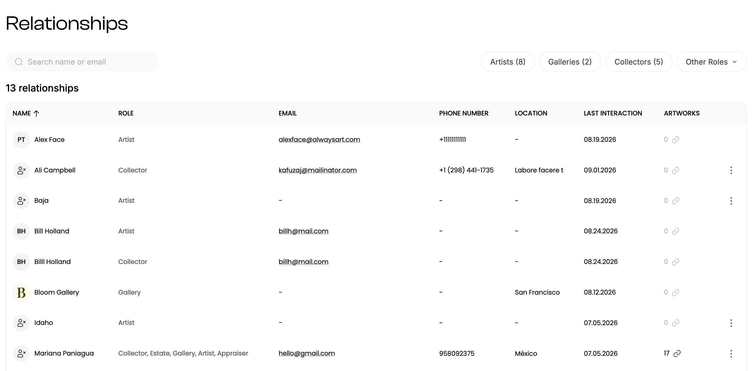 Relationships list with role filters and a contact table showing name, role, email, phone, location, last interaction and artwork count