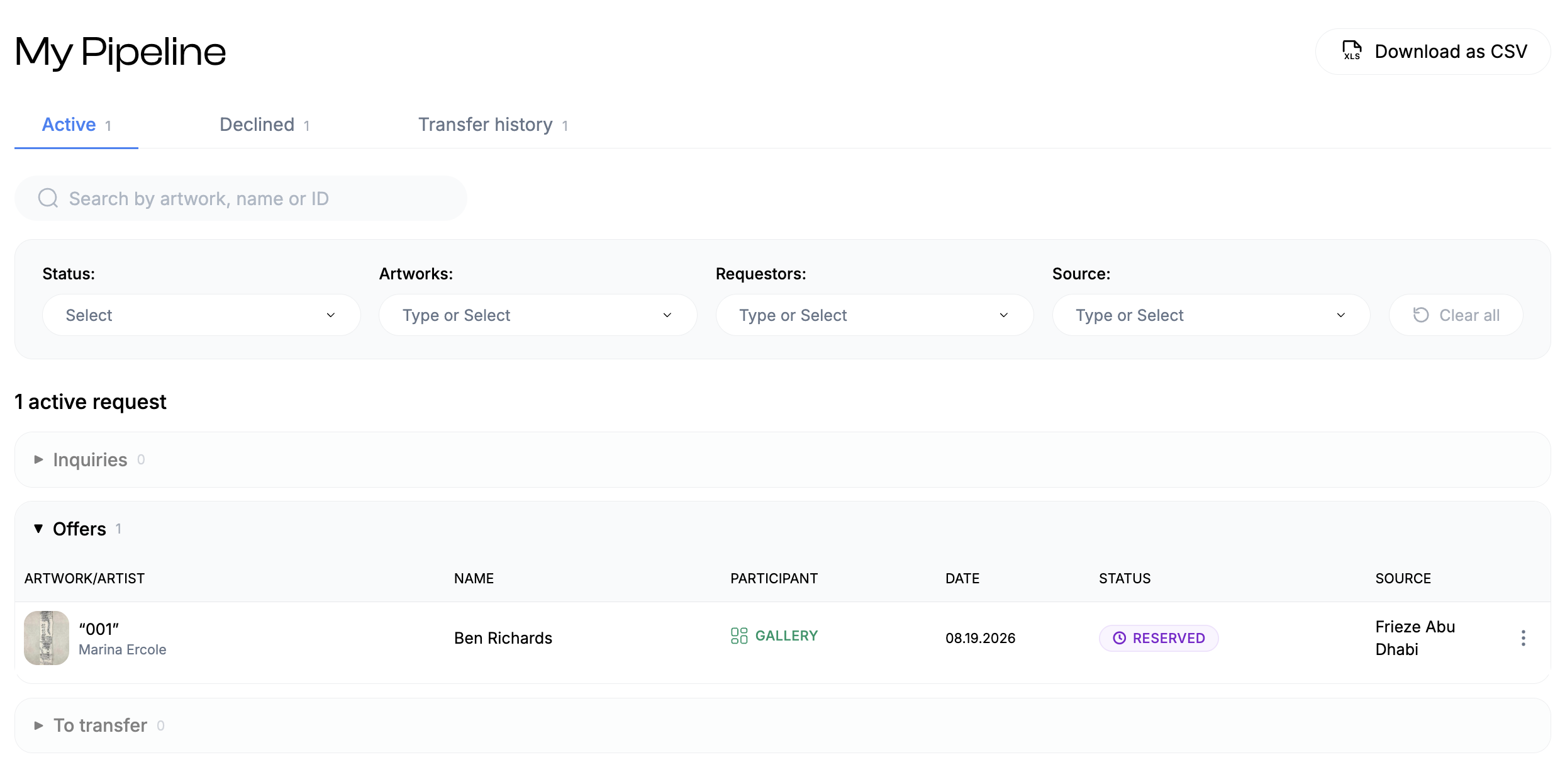 My Pipeline screen with active, declined and transfer-history tabs, filters, and an offer row showing an artwork reserved for a collector, sourced from a fair