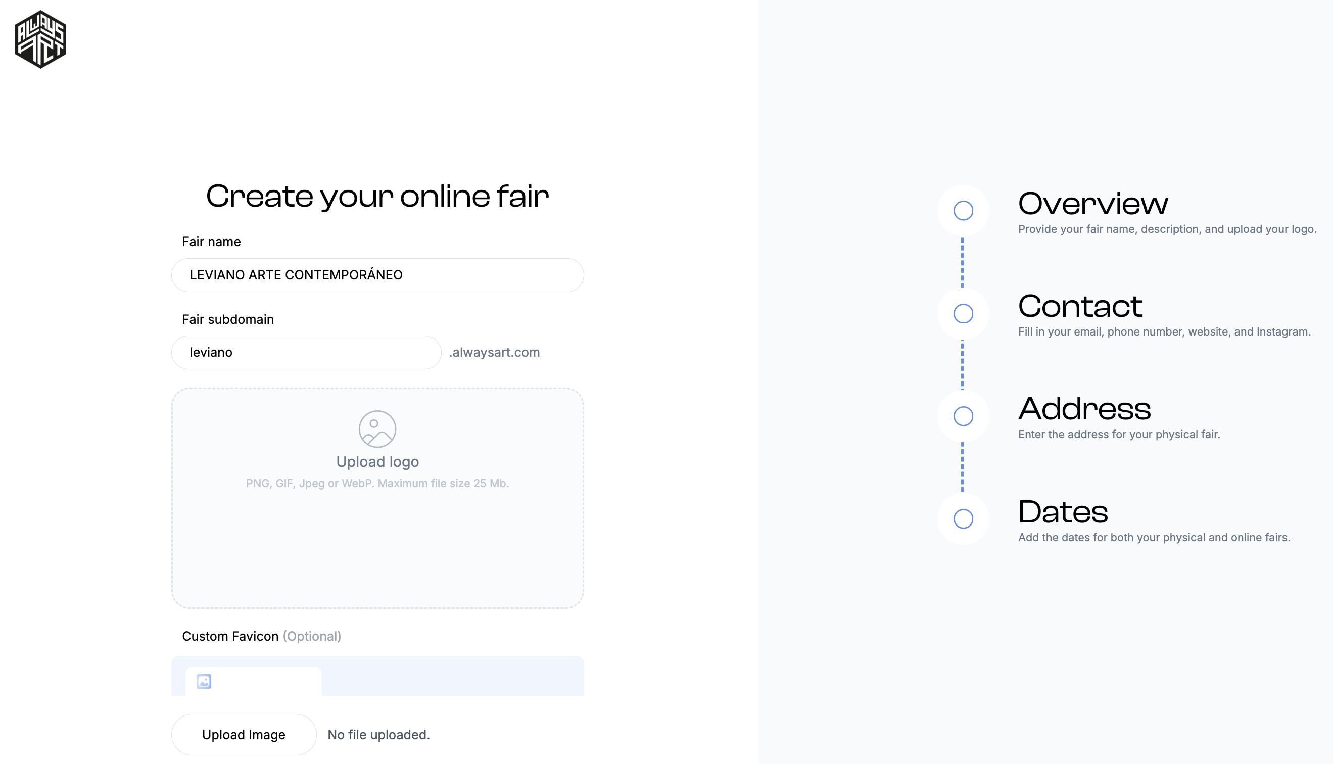 Create your online fair setup screen: fair name, subdomain, logo and favicon uploads, with the Overview, Contact, Address and Dates steps alongside