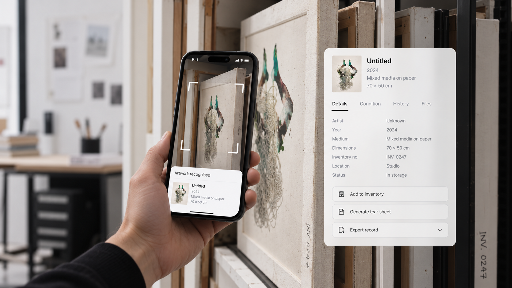 Artist scanning a stored work in the studio racks with a phone; the record card opens showing medium, dimensions, inventory number, location and status, with actions to add to inventory, generate a tear sheet or export the record