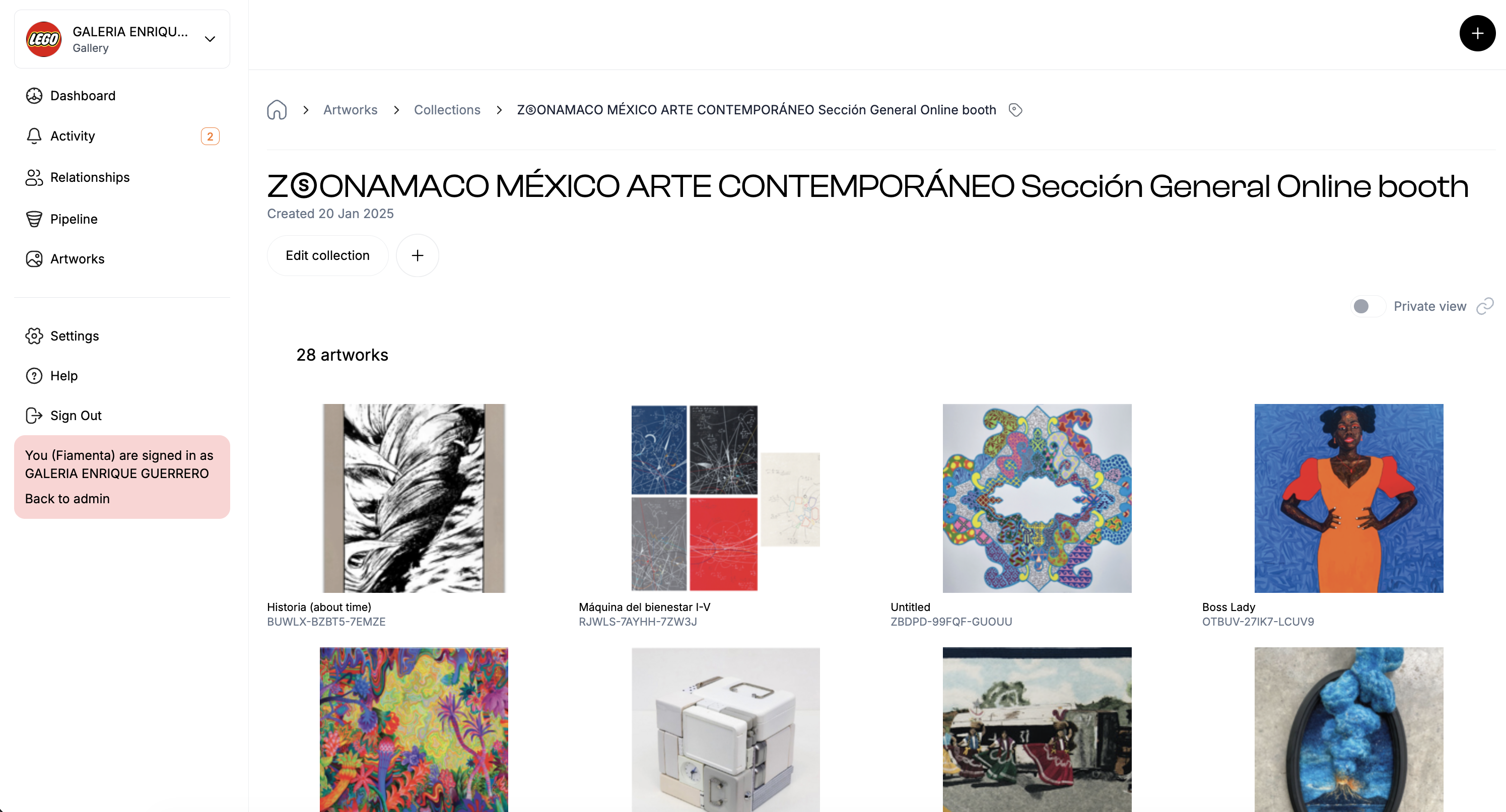 Collection view of a fair online booth holding 28 artworks, shown as a grid of works with their titles and reference codes and a private-view toggle